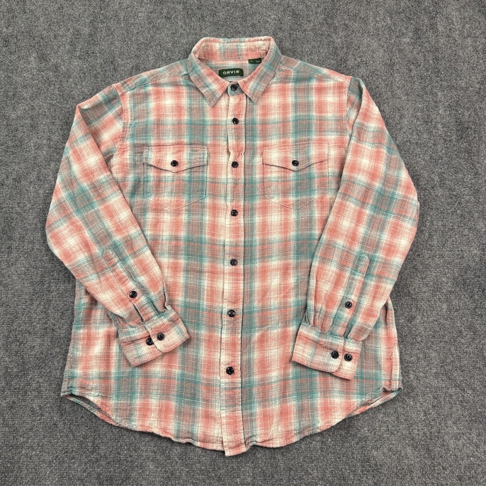 Orvis Mens Classic Fit Plaid Shirt Size L Button Up Pink Teal Cotton Long Sleeve